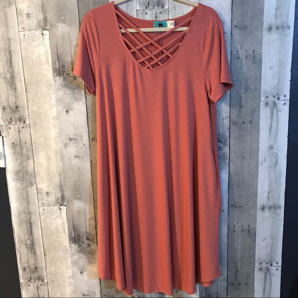 New Pale Pink Strappy Neck Tunic Dress W/ Pockets